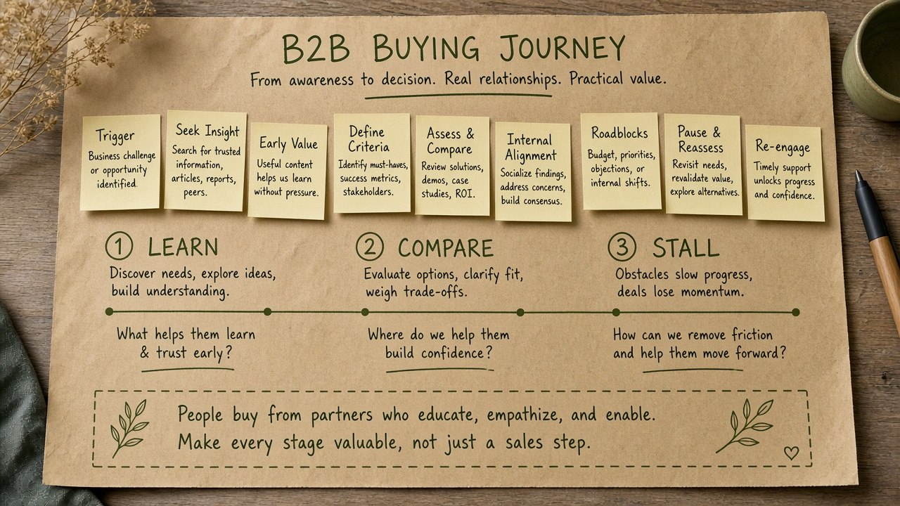 Journey map of B2B contact points sketched on paper with sticky notes